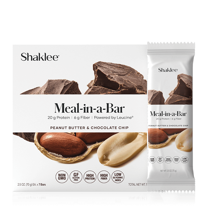 Shaklee 180 Meal-in-a-Bar, Peanut Butter & Chocolate Chip, box and bar
