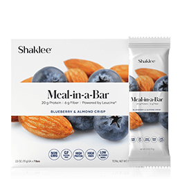 Shaklee 180 Meal-in-a-Bar, Blueberry and Almond Crisp, box and bar